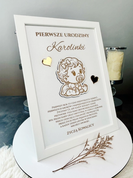Pamiątka na Roczek Dziewczynki Prezent na 1 Urodziny Ramka z Życzeniami 3D Mega Prezencik