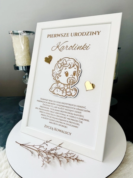 Pamiątka na Roczek Dziewczynki Prezent na 1 Urodziny Ramka z Życzeniami 3D Mega Prezencik