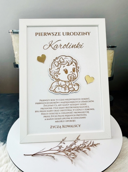 Pamiątka na Roczek Dziewczynki Prezent na 1 Urodziny Ramka z Życzeniami 3D Mega Prezencik
