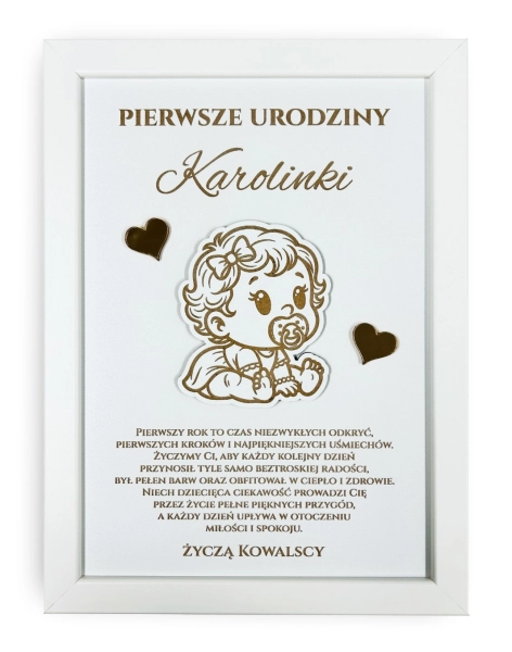 Pamiątka na Roczek Dziewczynki Prezent na 1 Urodziny Ramka z Życzeniami 3D Mega Prezencik