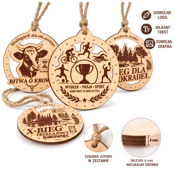 Medal drewniany 4 mm personalizowany na zawody sportowe logo tekst grafika Mega Prezencik