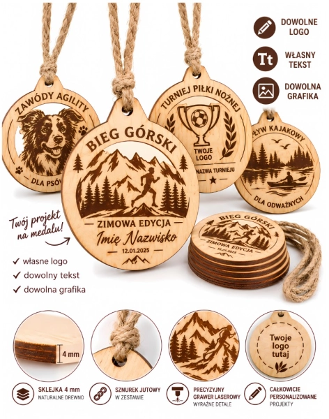 Medal drewniany 4 mm personalizowany na zawody sportowe logo tekst grafika Mega Prezencik