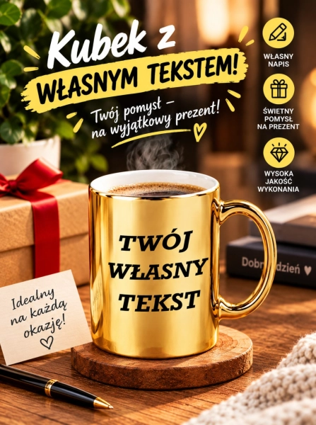 Złoty Kubek z Własnym Nadrukiem – Twój Tekst, Twoja Historia Mega Prezencik