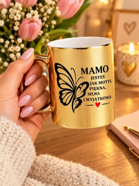 PREZENT DLA MAMY KUBEK ZŁOTY Na Dzień Matki Urodziny Imieniny Elegancja Napis Mega Prezencik