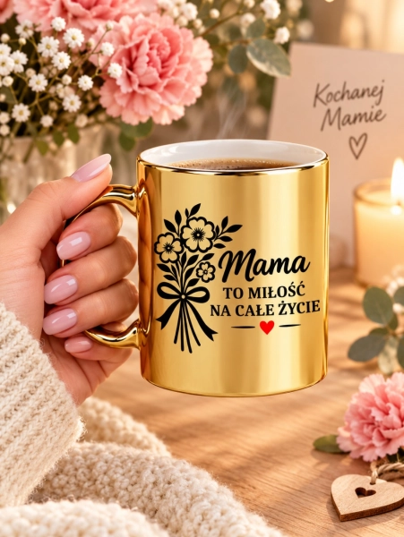 Złoty kubek na Dzień Matki prezent dla Mamy Mama to miłość na całe życie 330ml Mega Prezencik