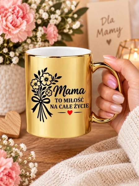Złoty kubek na Dzień Matki prezent dla Mamy Mama to miłość na całe życie 330ml Mega Prezencik