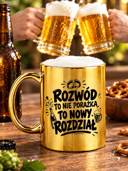Złoty kubek z nadrukiem Rozwód to nowy rozdział Śmieszny prezent Kubek Rozwodowy Mega Prezencik
