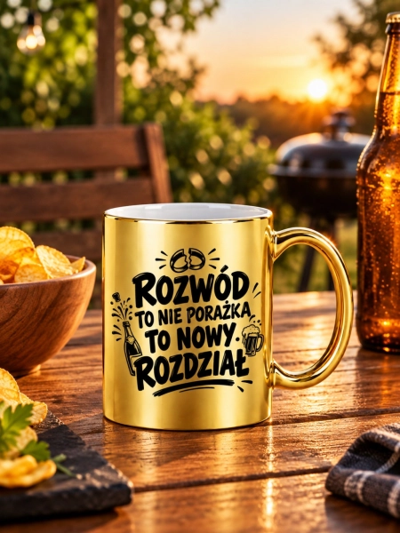 Złoty kubek z nadrukiem Rozwód to nowy rozdział Śmieszny prezent Kubek Rozwodowy Mega Prezencik