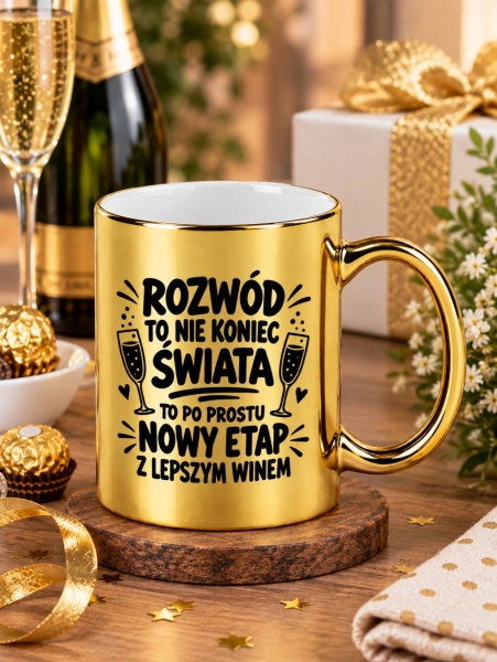 Złoty kubek na rozwód prezent dla rozwódki śmieszny kubek z nadrukiem Mega Prezencik