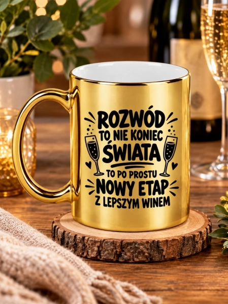 Złoty kubek na rozwód prezent dla rozwódki śmieszny kubek z nadrukiem Mega Prezencik