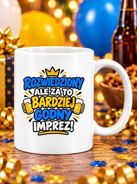 Kubek Rozwiedziony ale za to bardziej godny imprez – śmieszny prezent Mega Prezencik