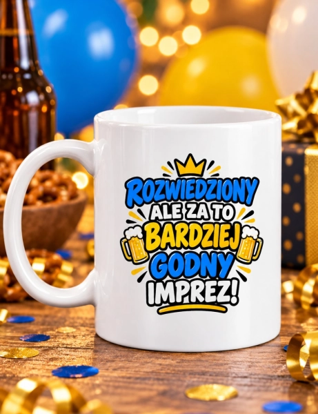 Kubek Rozwiedziony ale za to bardziej godny imprez – śmieszny prezent Mega Prezencik
