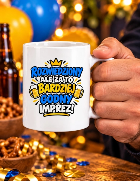 Kubek Rozwiedziony ale za to bardziej godny imprez – śmieszny prezent Mega Prezencik