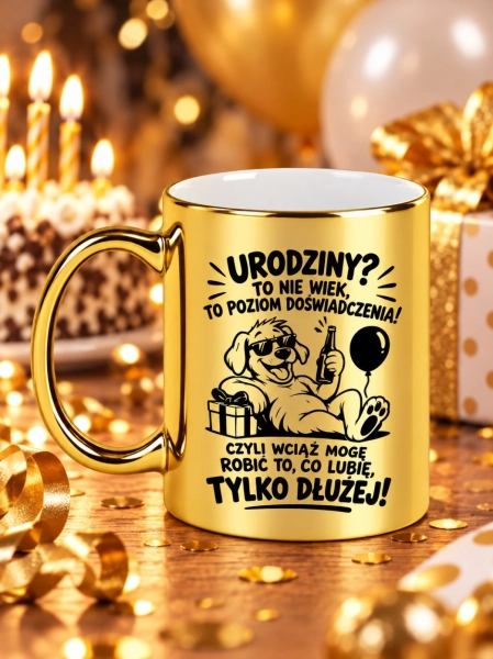 Kubek złoty z nadrukiem Urodziny to nie wiek śmieszny prezent urodzinowy Mega Prezencik