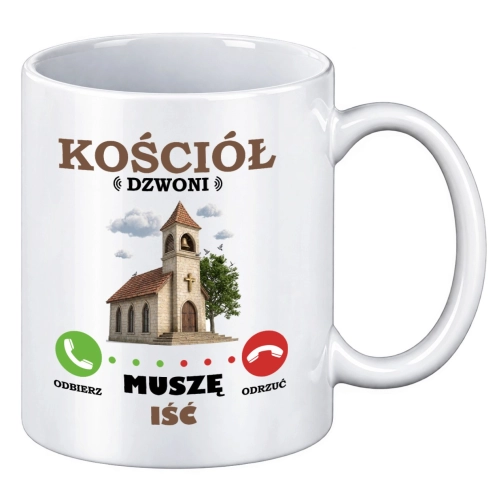 Kubek Kościół dzwoni muszę iść z nadrukiem religijnym pomysł na prezent