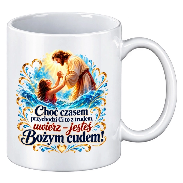 Kubek z Jezusem Bożym cudem motywacyjny religijny z cytatem na prezent Mega Prezencik