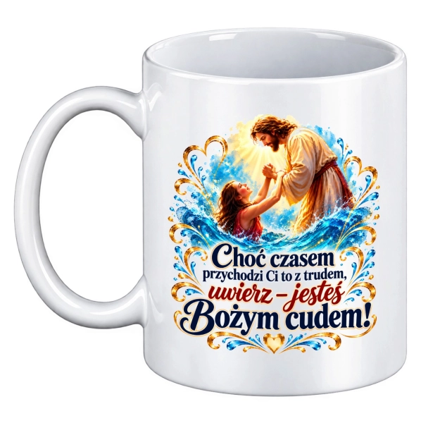 Kubek z Jezusem Bożym cudem motywacyjny religijny z cytatem na prezent Mega Prezencik