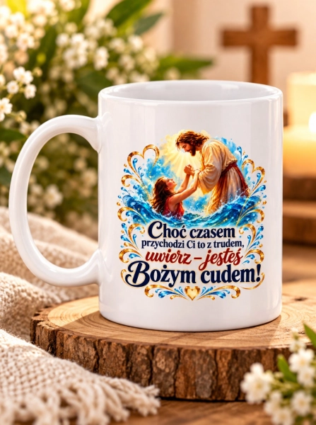 Kubek z Jezusem Bożym cudem motywacyjny religijny z cytatem na prezent Mega Prezencik