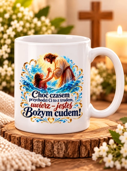 Kubek z Jezusem Bożym cudem motywacyjny religijny z cytatem na prezent Mega Prezencik