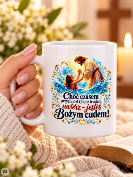 Kubek z Jezusem Bożym cudem motywacyjny religijny z cytatem na prezent Mega Prezencik