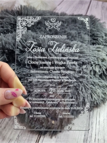 Zaproszenie na Chrzest Święty z pleksi bezbarwnej różne wory